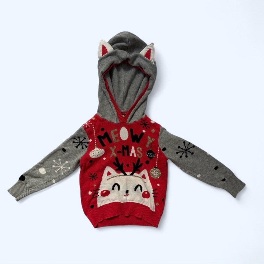 Well Worn Holiday Sweater Meowy X-Mas Cat Hoodie in Red/Gray Size XS (4-5)
